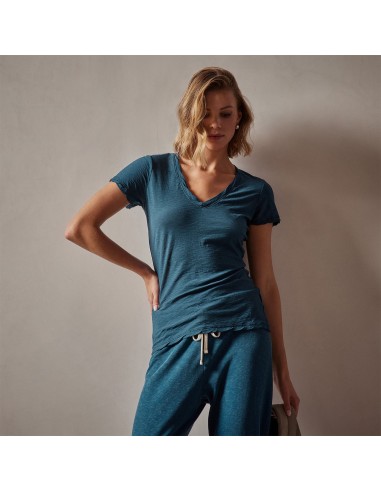 Sheer Slub Casual V Neck - Teal paiement sécurisé