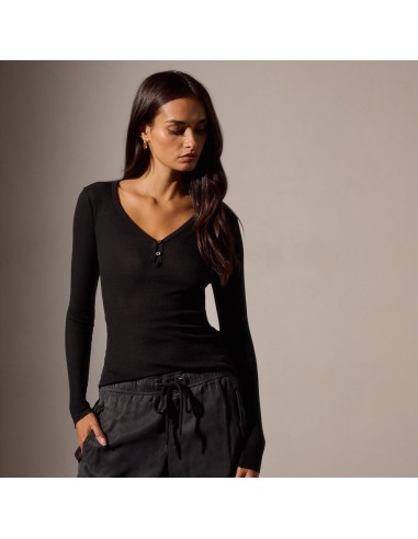 Cotton Cashmere Blend Ribbed Henley - Black pas chere